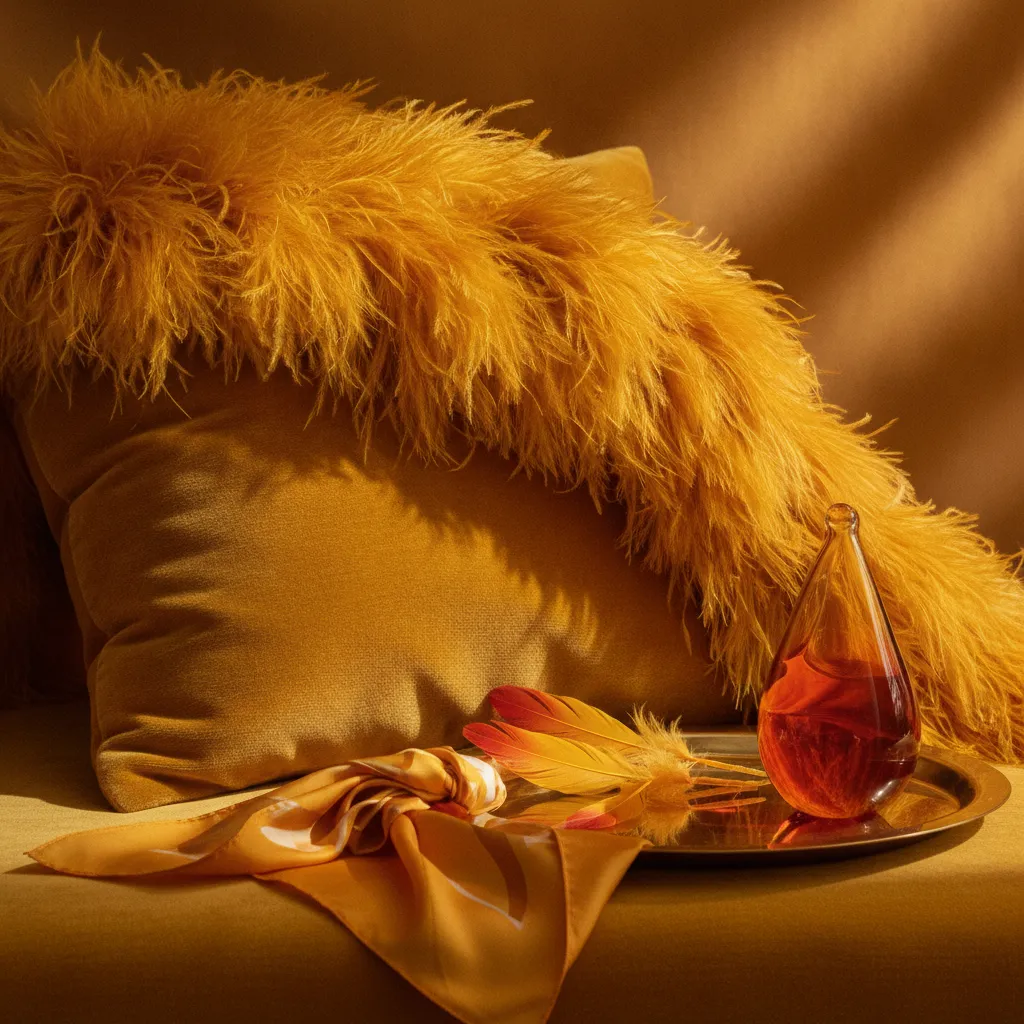 Square editorial still life with feather texture and warm fashion colors
