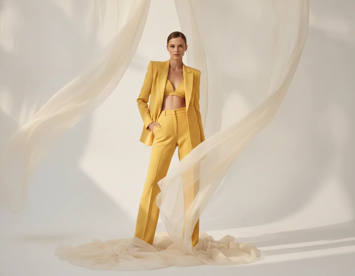 Elegant studio fashion scene with sheer fabric and yellow tailoring