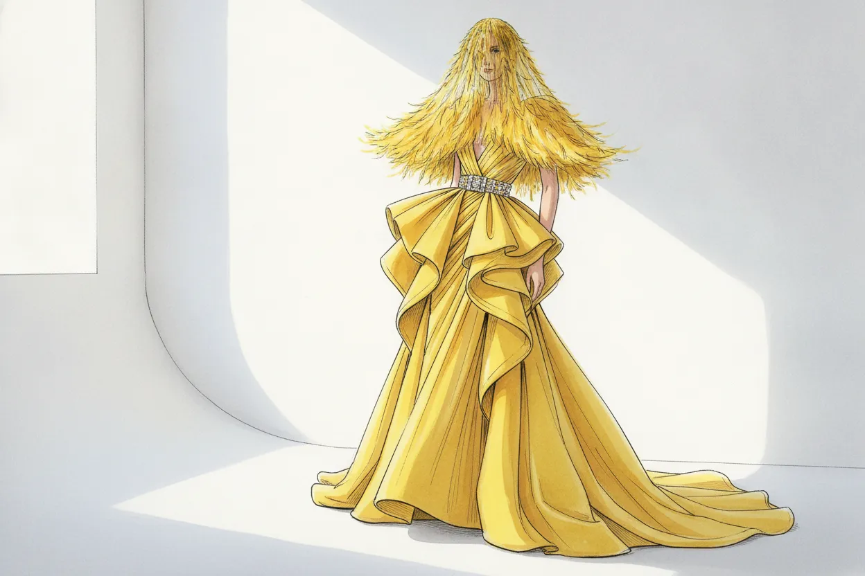 Yellow couture-inspired outfit with feathered veil detail on a studio set