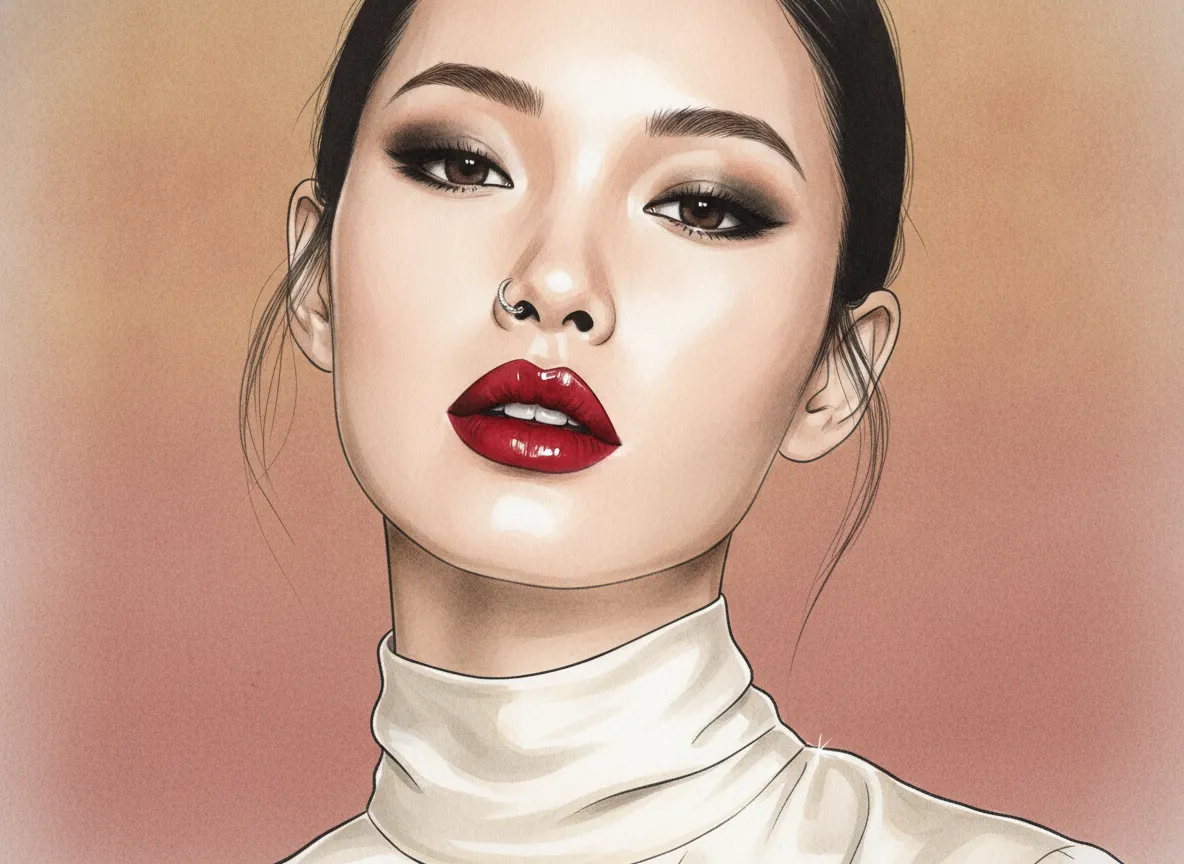 Close editorial view of red lipstick and minimal diamond nose jewelry