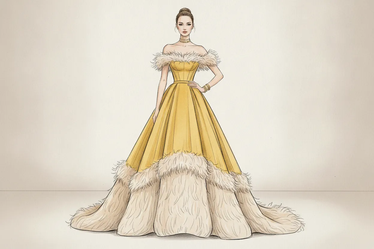 High-waisted yellow shorts and feather detail in a fashion editorial setting