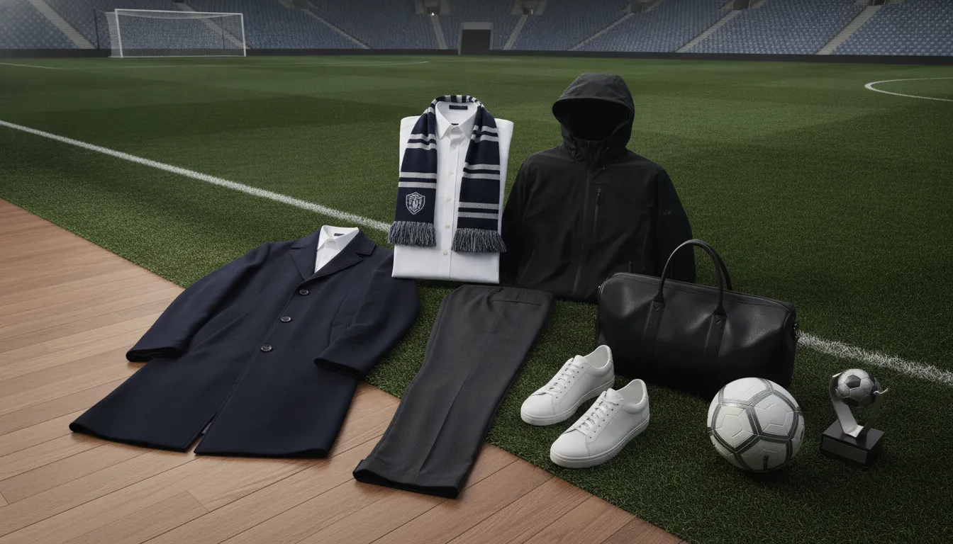 modern football manager wardrobe with navy coat and tailored clothing