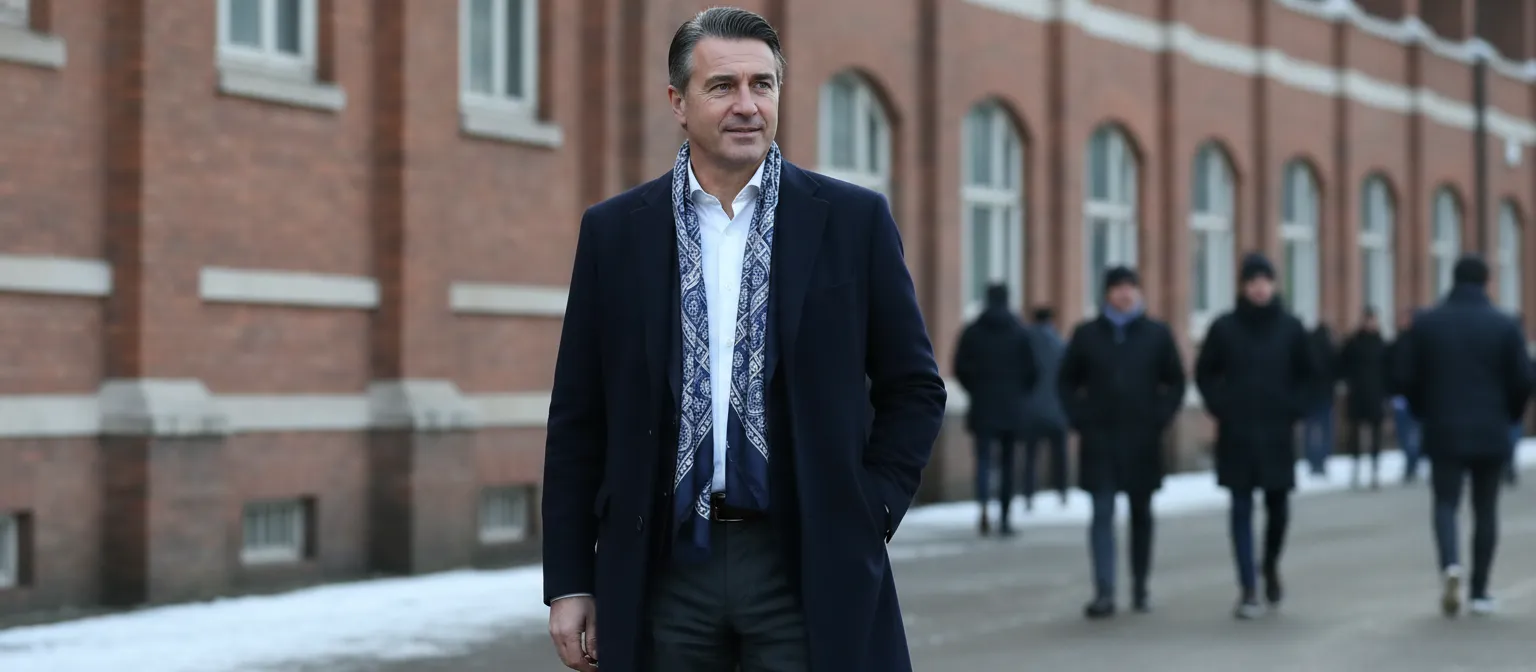 Roberto Mancini wearing a team-colored scarf with a tailored coat