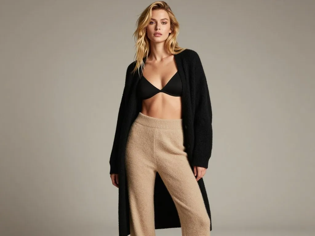 Gigi Hadid wearing sand-colored cashmere pants and black cardigan
