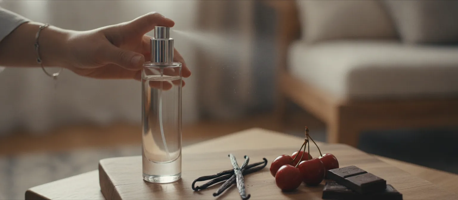 Person testing a gourmand fragrance on skin beside vanilla, cherry, and chocolate