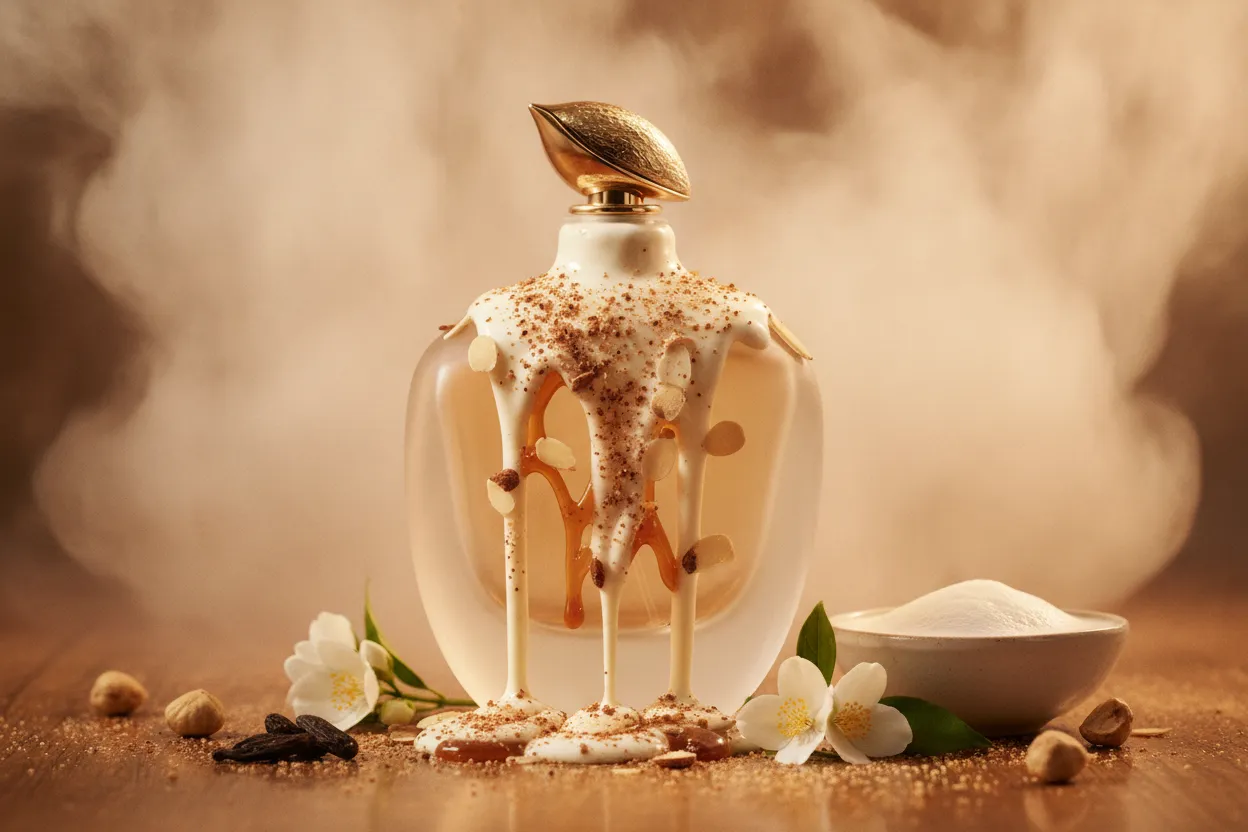 Vanilla Haze Fugazzi perfume with caramel, hazelnut, almond, tonka bean, and jasmine styling