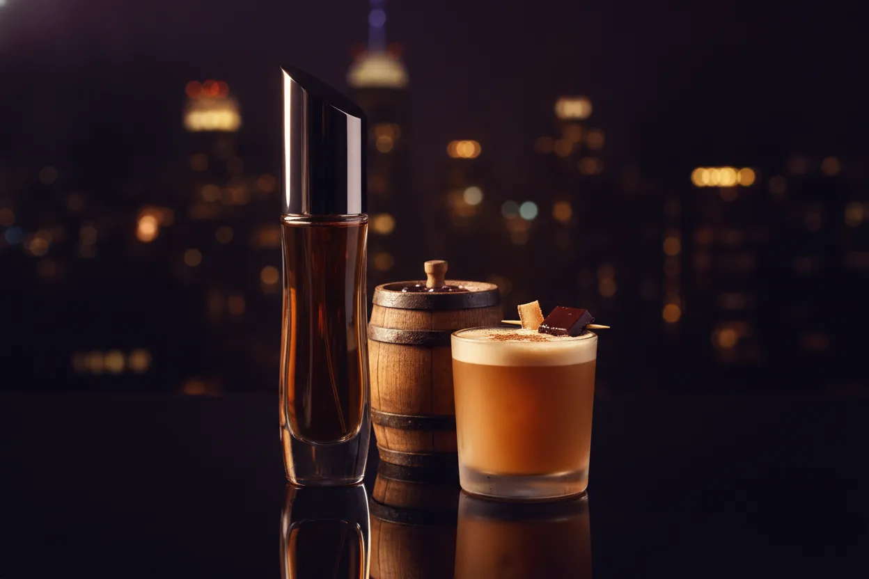 Fifty Four Jusbox perfume with rum, cinnamon, chocolate, and piña colada styling