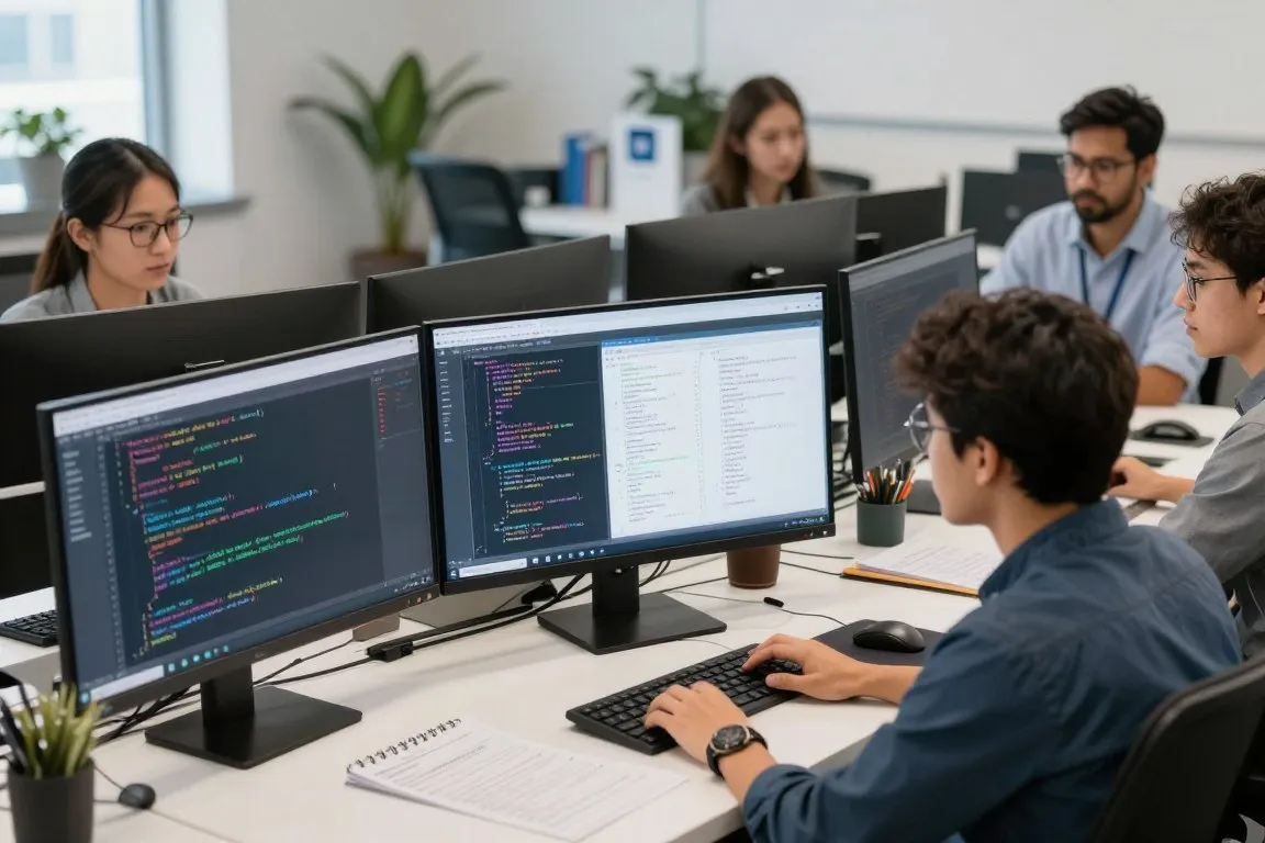 Developers reviewing code and testing an AI-assisted programming system