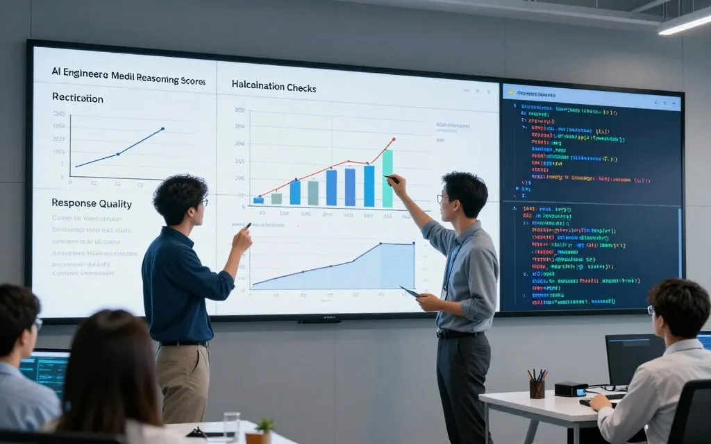 AI engineers comparing model reasoning results and hallucination tests