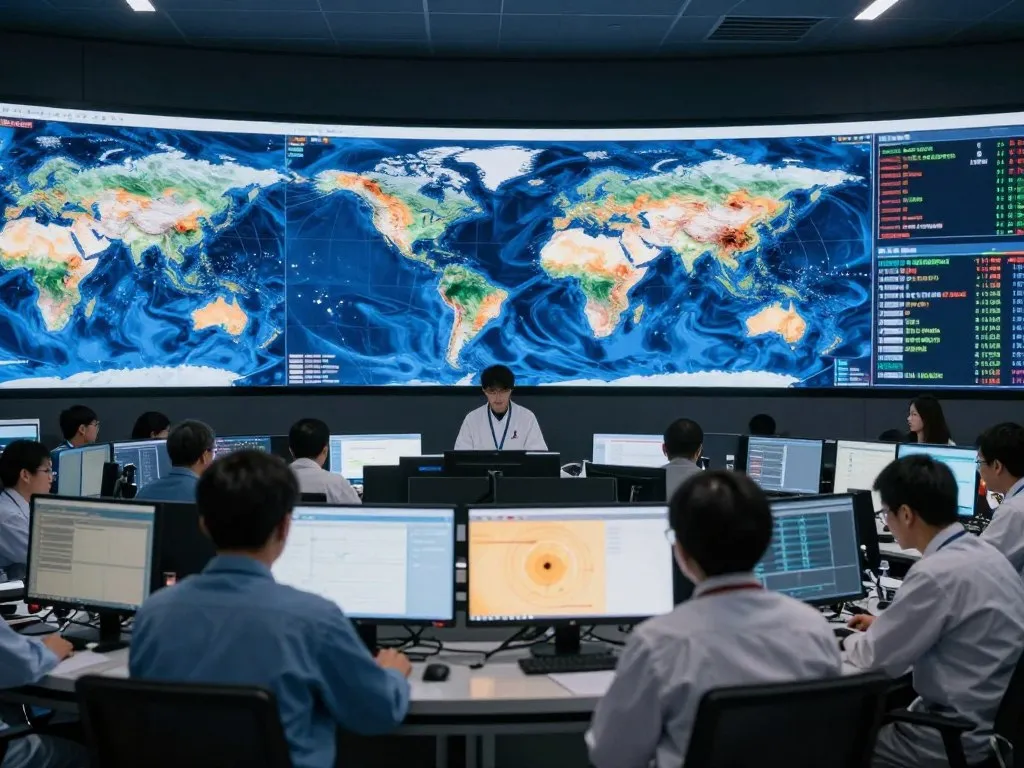 Scientists analyzing global temperature data on computer screens
