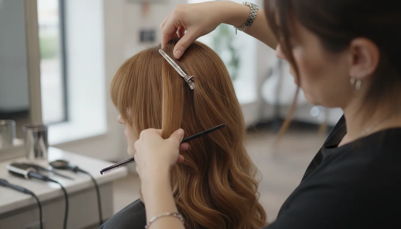 Stylist sectioning hair before shaping a soft face-framing fringe