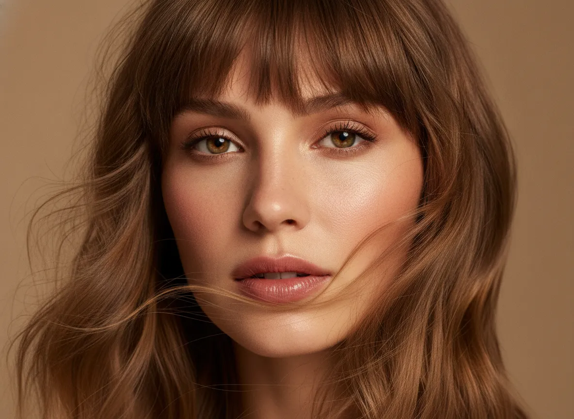 Portrait showing soft bangs balanced with a heart-shaped face