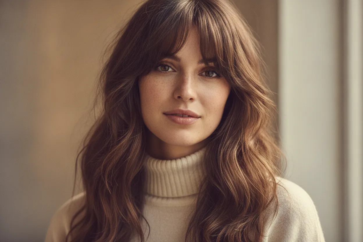 Wavy hair with long layered bangs framing the face