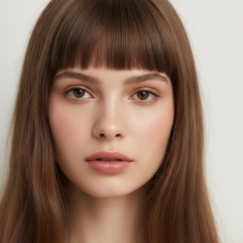 Wispy blunt bangs resting above the eyebrows