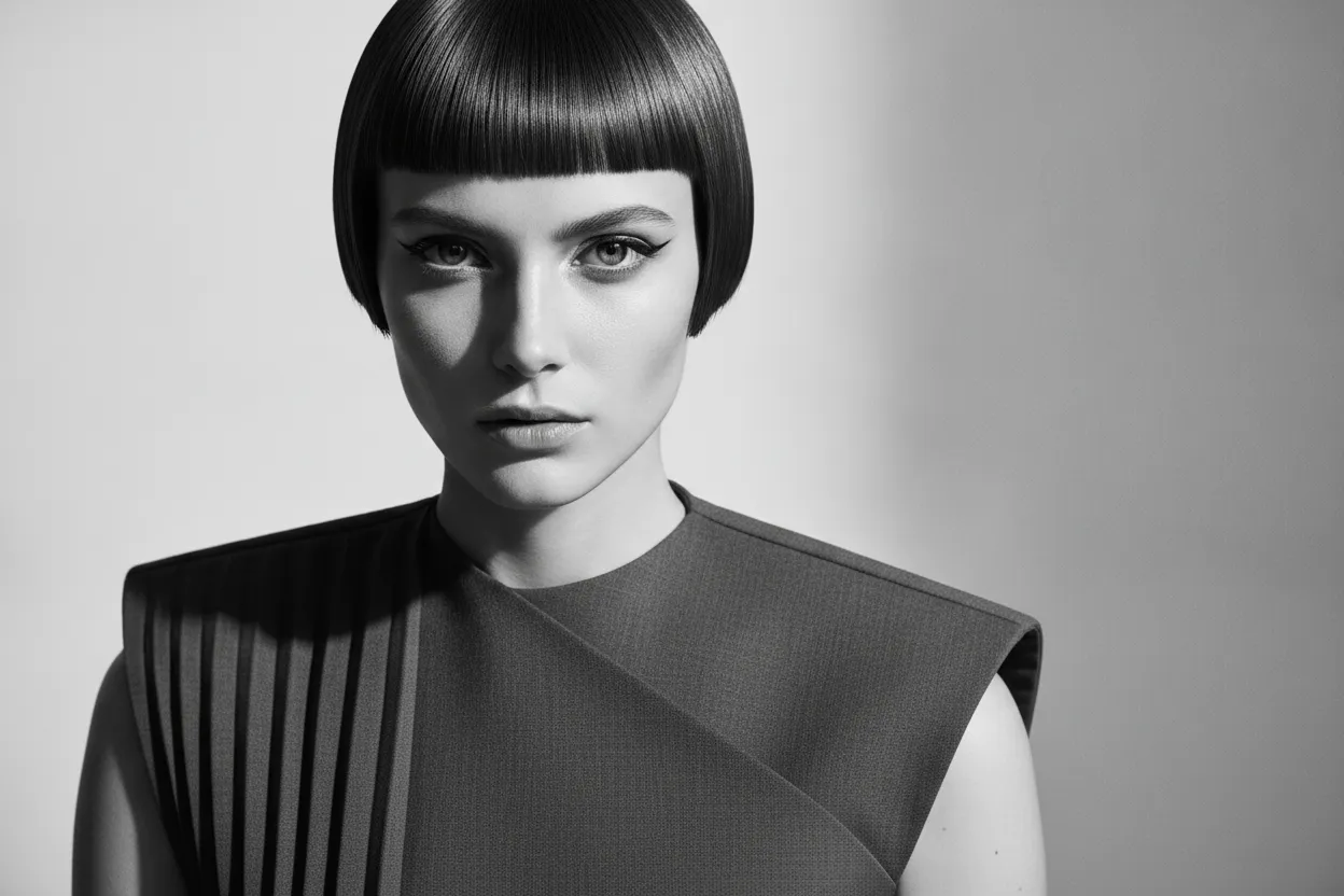 Short micro bangs with a geometric haircut