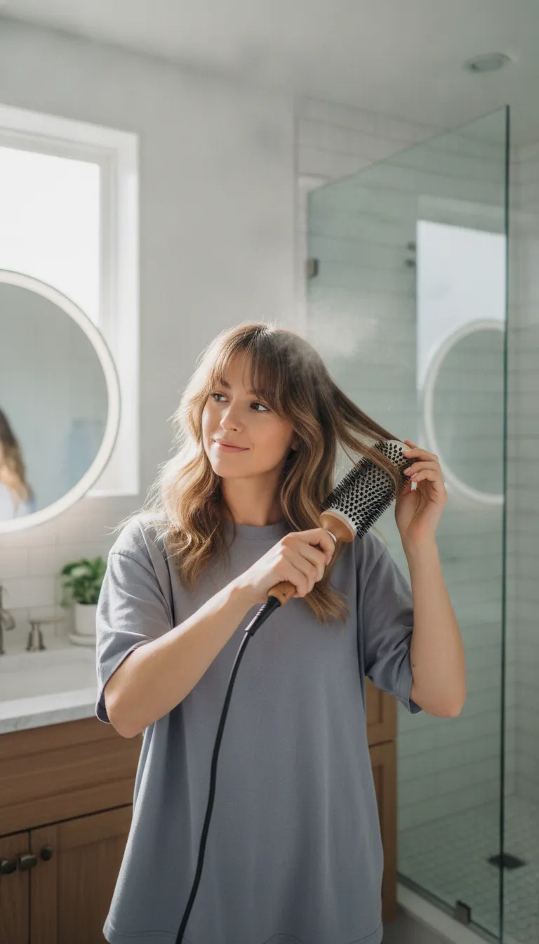 Person styling curtain bangs quickly with a round brush