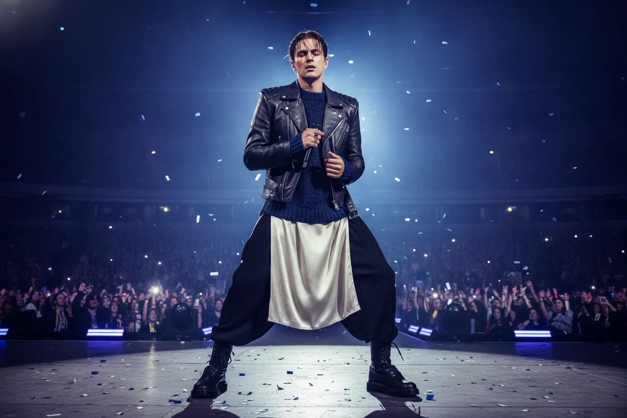 Jay wearing dark layered fashion from an ENHYPEN performance era