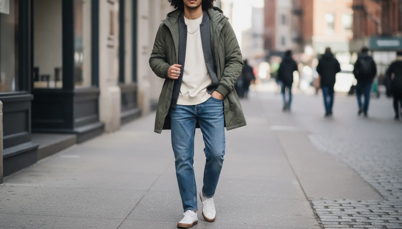 Jay inspired street fashion look with denim and sneakers