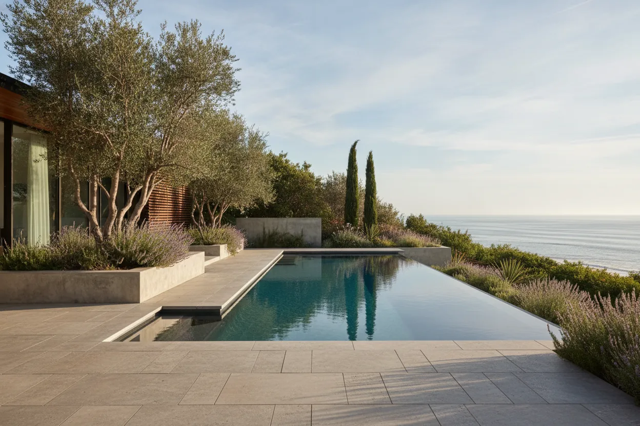 Private pool terrace surrounded by landscaping at a California coastal residence