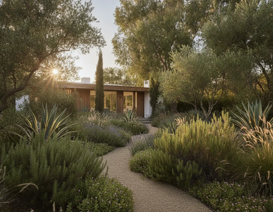 Mature landscaping and privacy planting around a secluded Malibu-style home