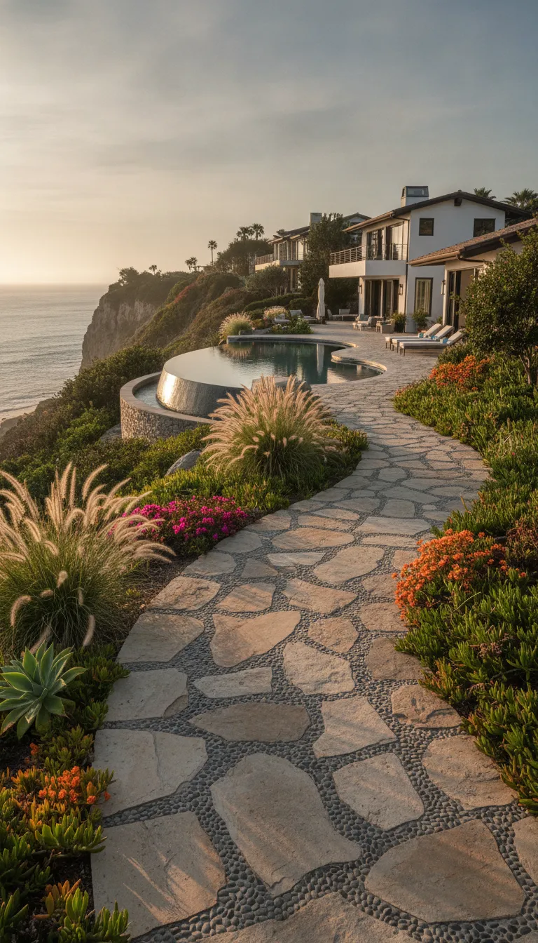 Vertical view of a landscaped outdoor walkway leading toward a private pool area