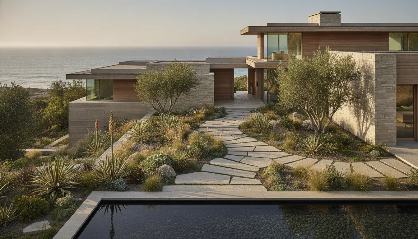 Jennifer Lawrence Malibu house exterior and landscaped approach