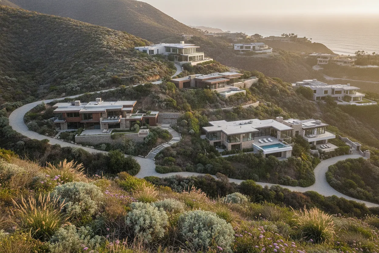 Malibu coastal residential landscape with secluded luxury homes