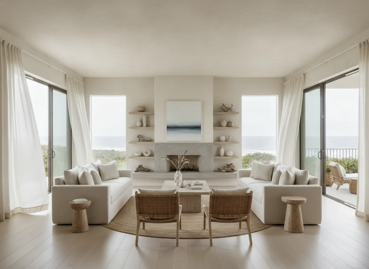 Neutral living room with fireplace and large windows