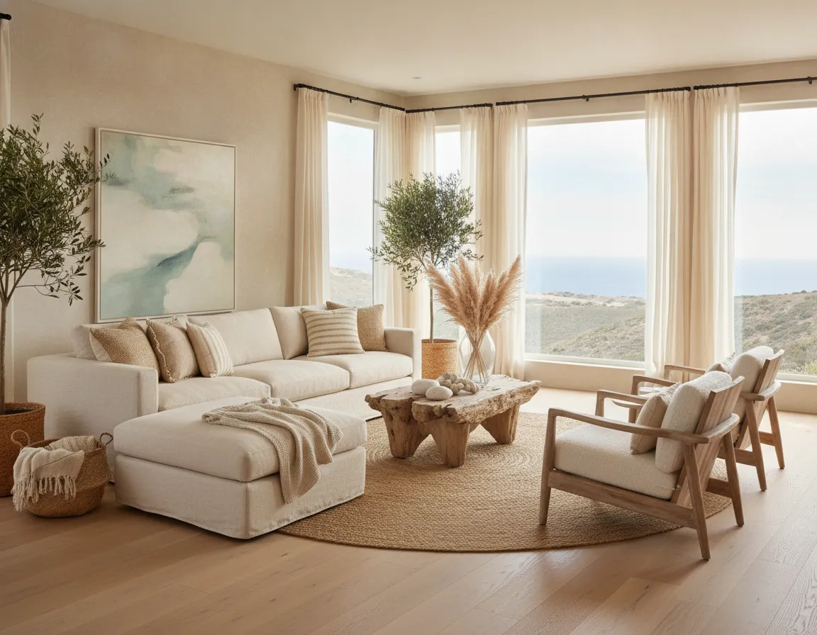 Relaxed sitting area with pale flooring and coastal materials