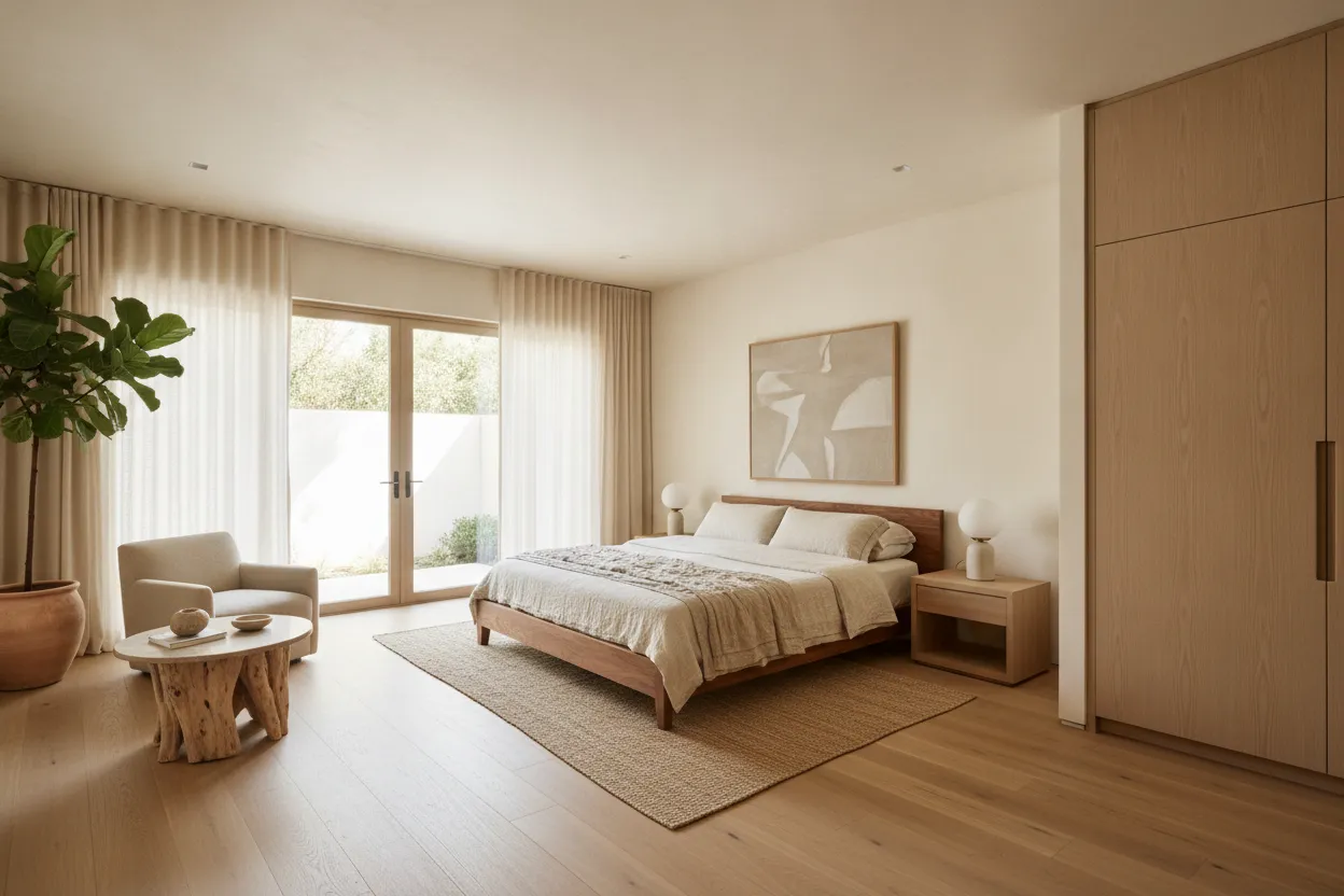 Primary suite with neutral finishes and soft lighting