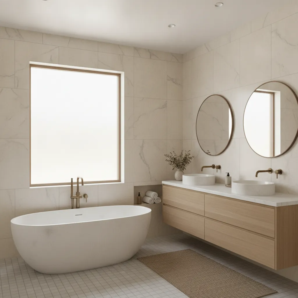 Marble bathroom with pale tile and modern fixtures