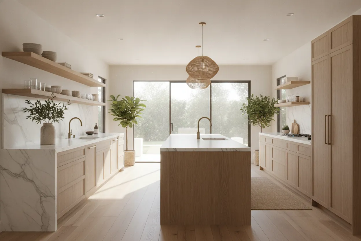 Kitchen with marble counters and understated cabinetry