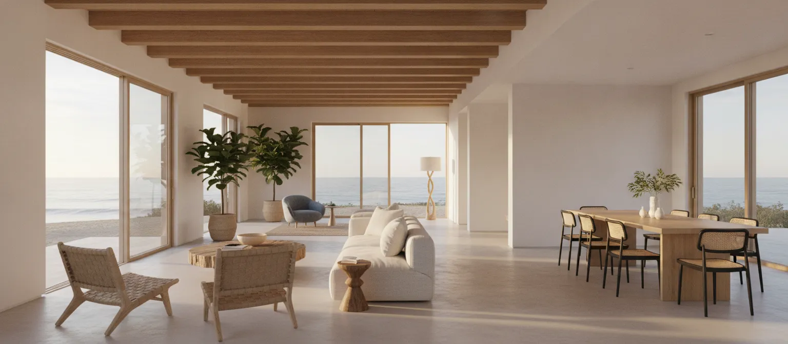 Continuous flooring between open rooms in a coastal home