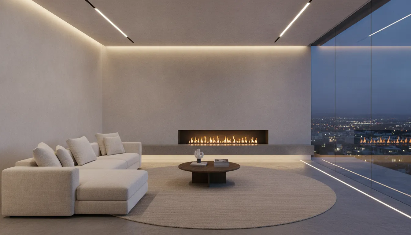 Fireplace and low lighting in a modern living space