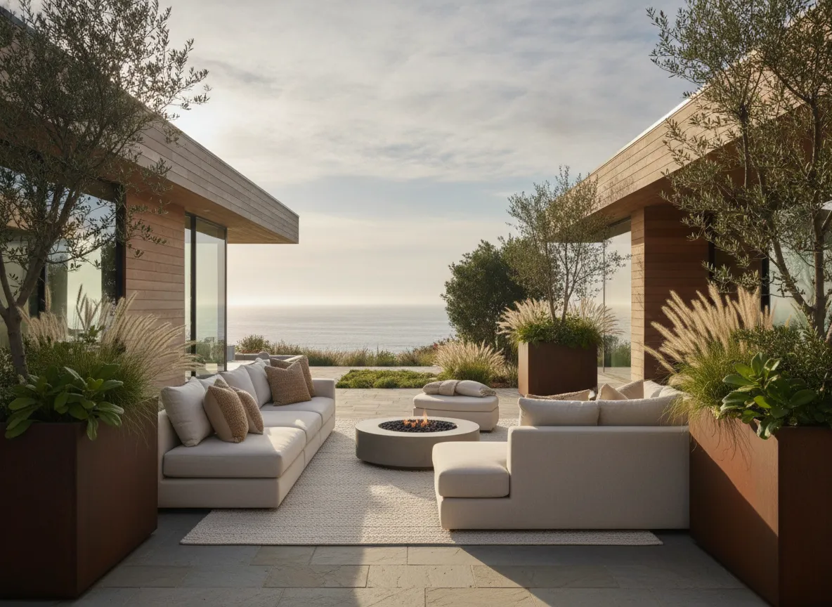 Outdoor sitting area with privacy planting and neutral furnishings