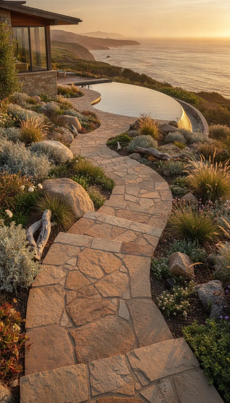 Landscaped path leading from the home toward the pool