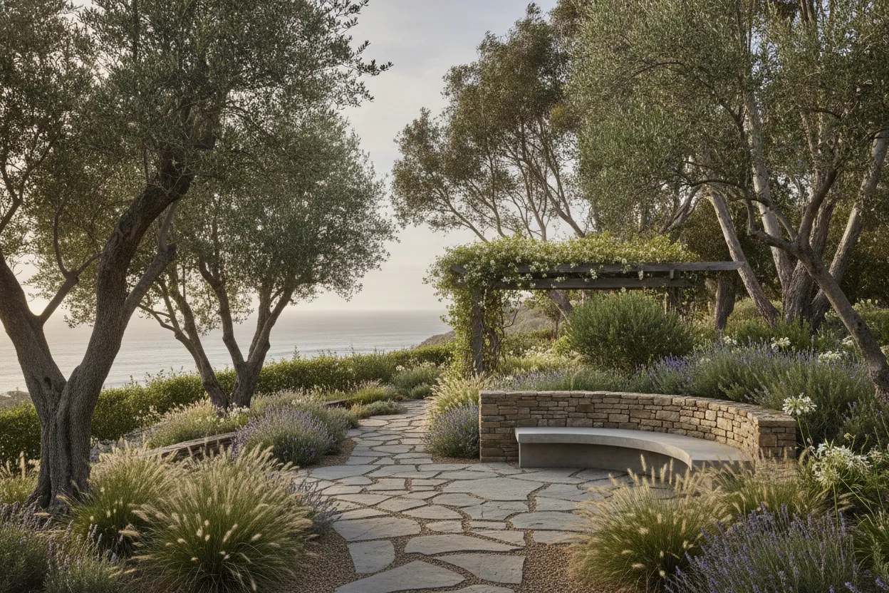 Private outdoor area with mature trees and coastal light