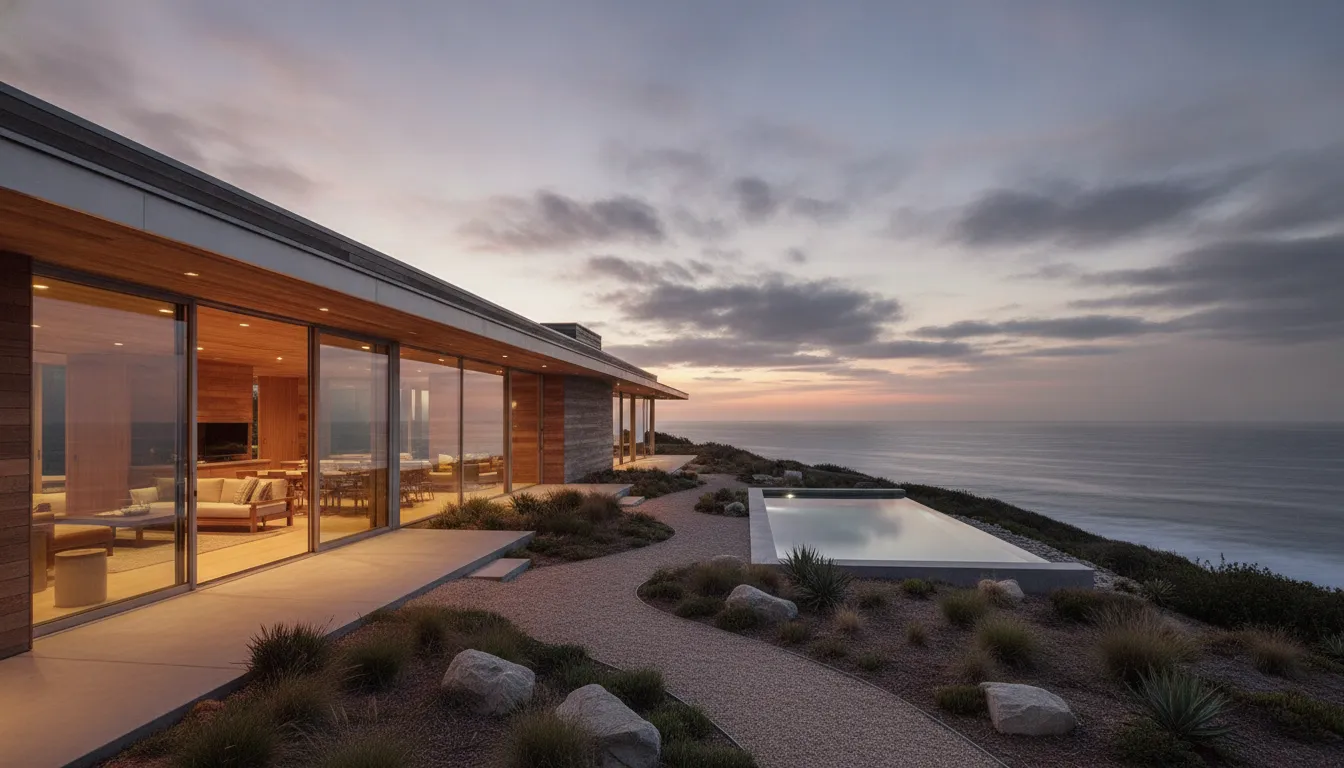Modern California home viewed at dusk with warm interior lighting