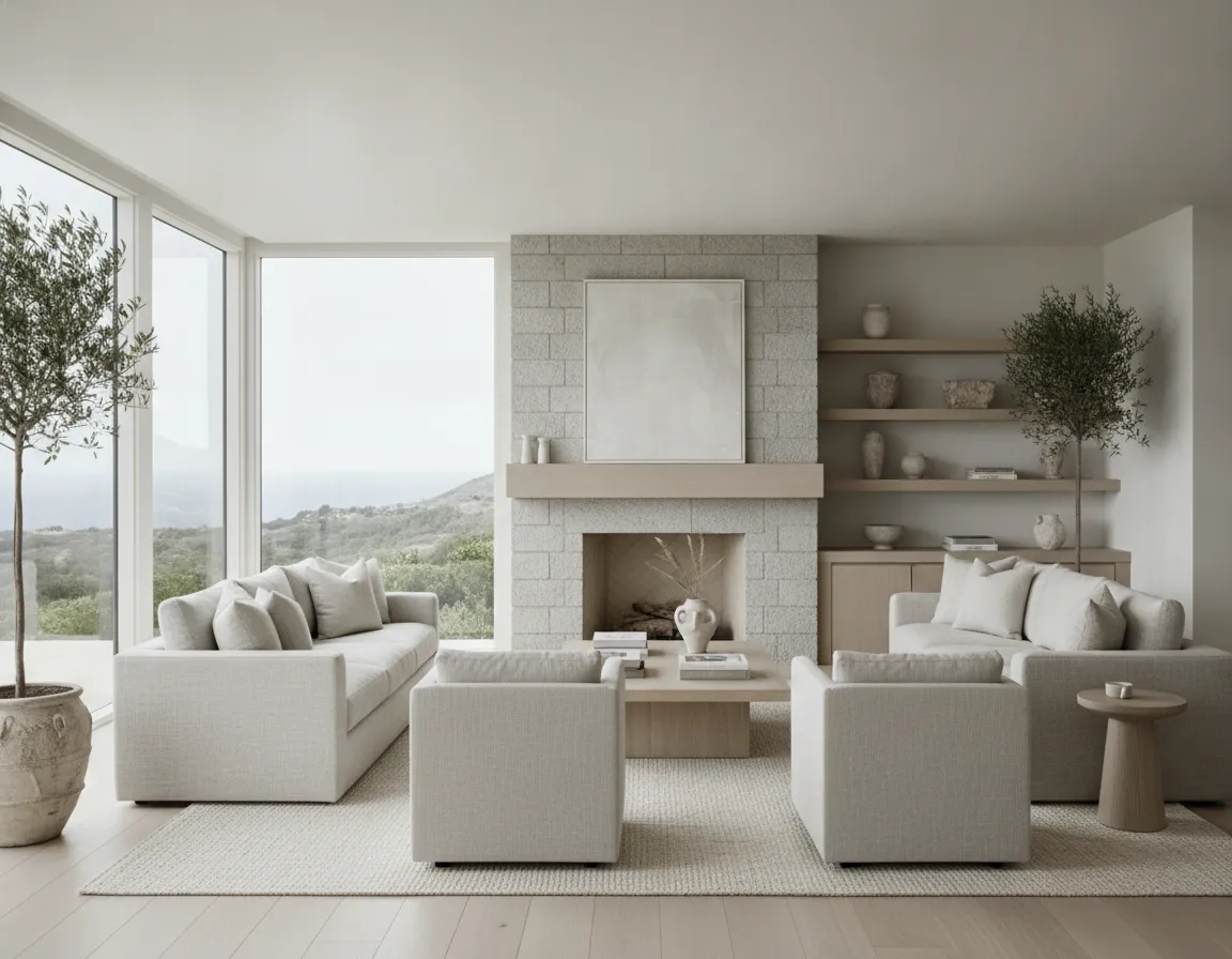 Neutral living room with fireplace, soft lighting, and large windows in a Malibu-style home