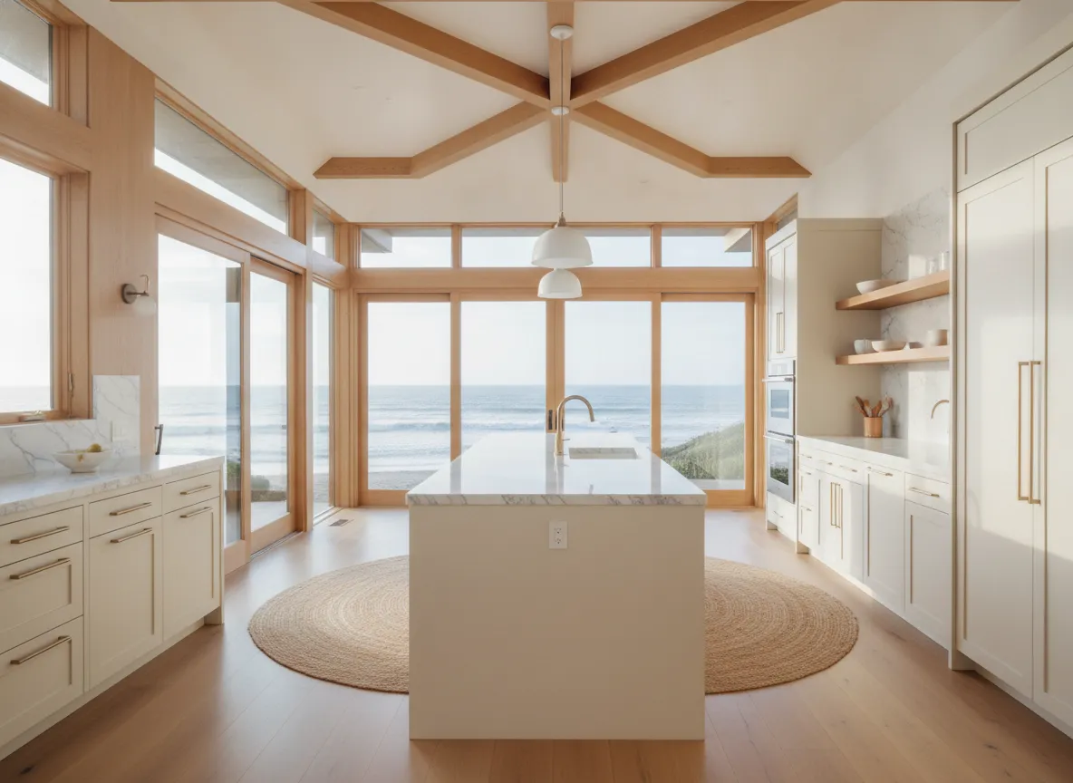 Light-filled kitchen with marble surfaces and understated cabinetry in a coastal home