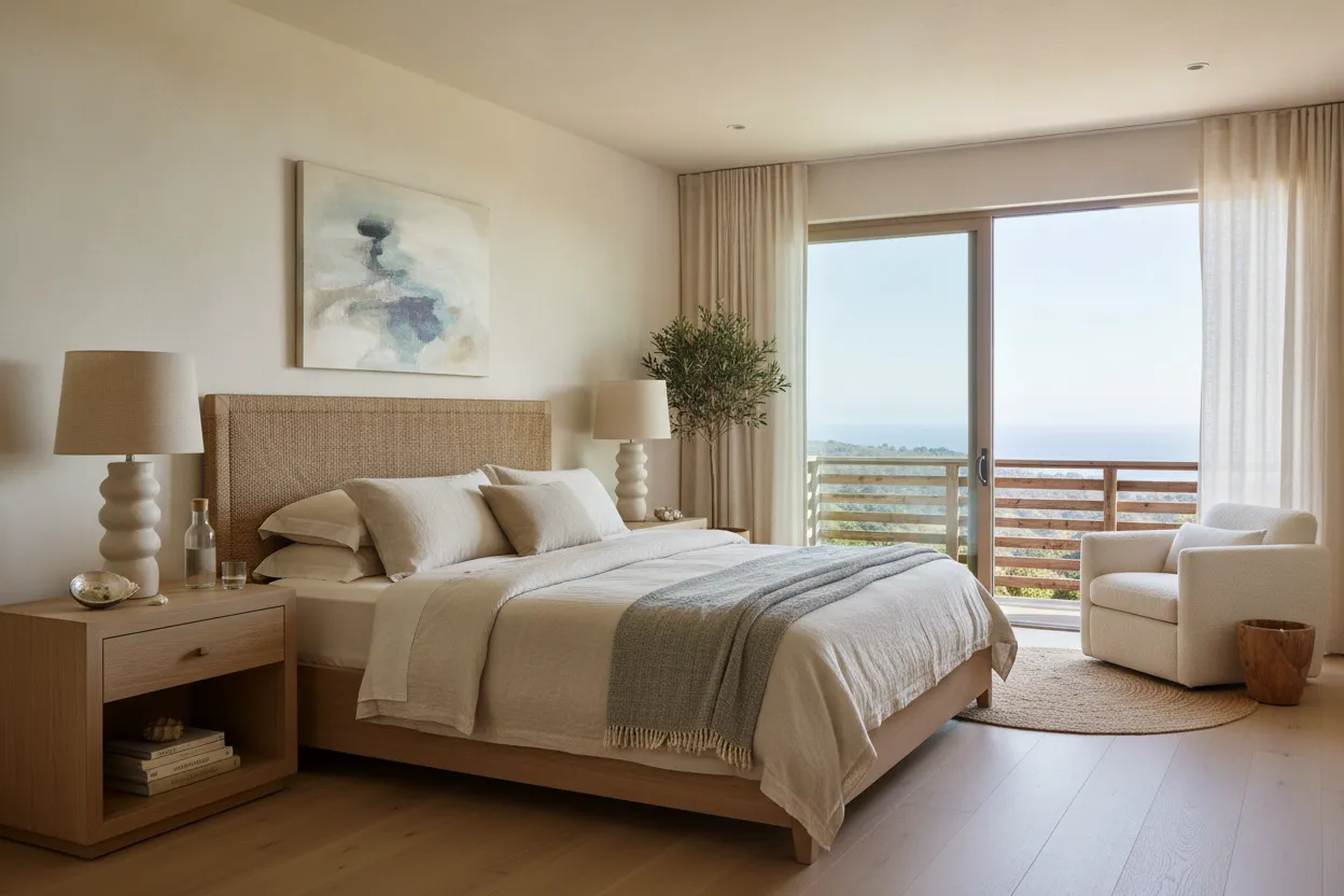 Calm primary suite with neutral bedding, natural light, and coastal interior styling