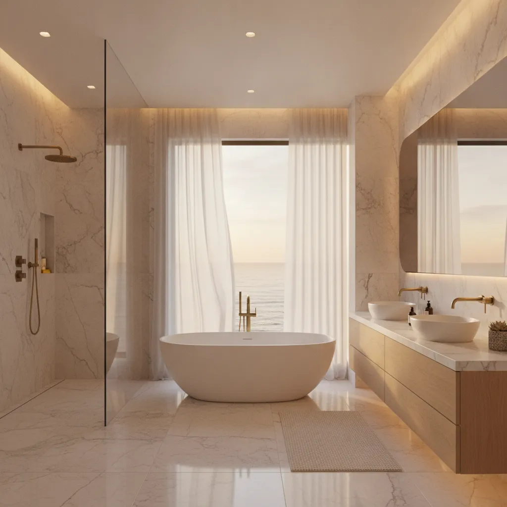 Marble bathroom with pale tile, modern fixtures, and soft architectural lighting