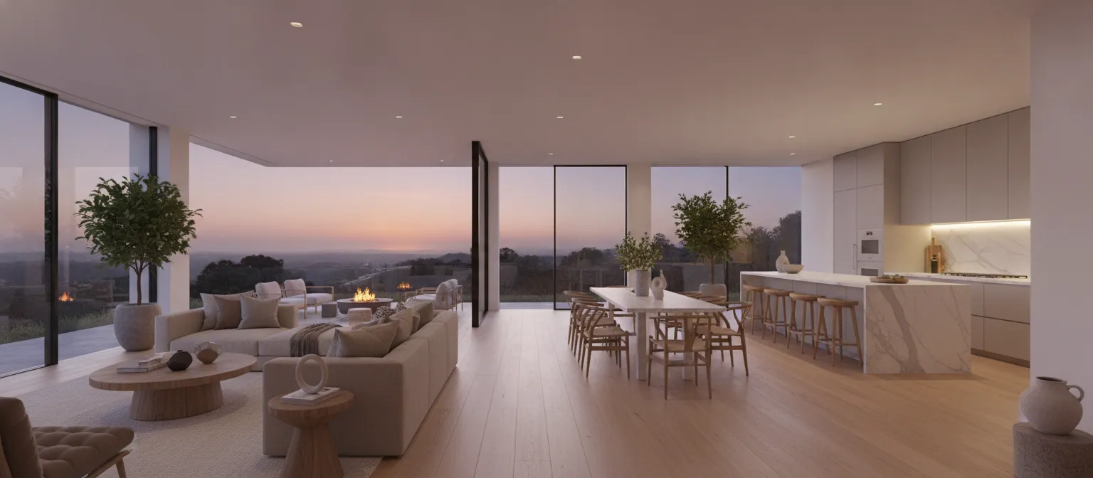 Wood flooring and soft lighting connecting open rooms in a modern California home