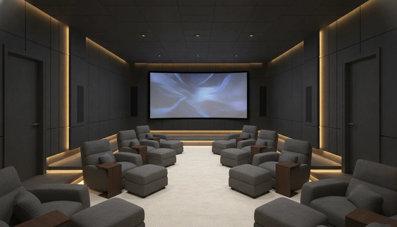 Private home theater with tiered seating and low architectural lighting