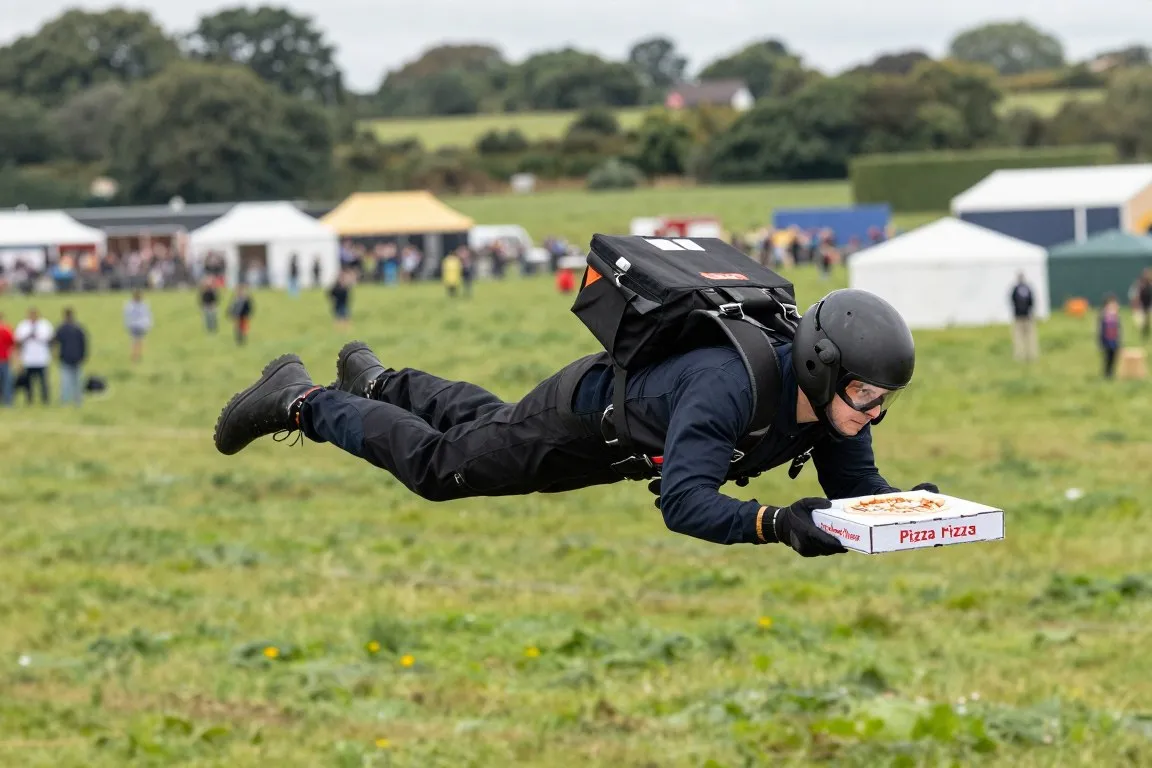 Jet suit pilot carrying Domino pizzas over a British festival
