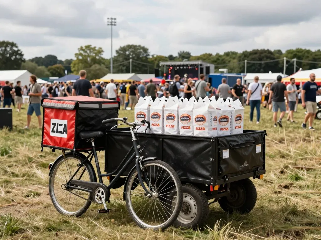 Conventional pizza delivery vehicle beside a British festival field