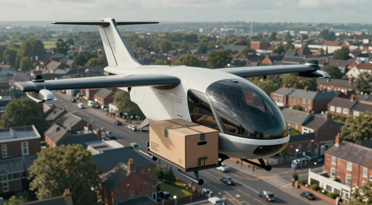 Future aerial food delivery concept above a British town