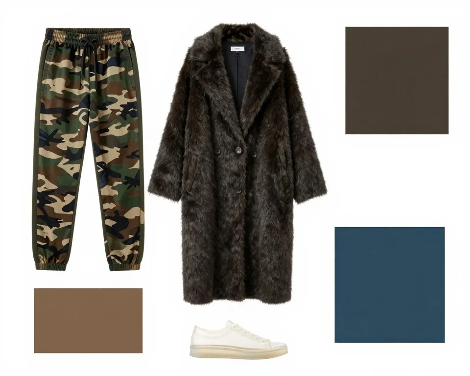Camouflage sportswear and dark coat shown as a comparison with Minecraft blocky colors