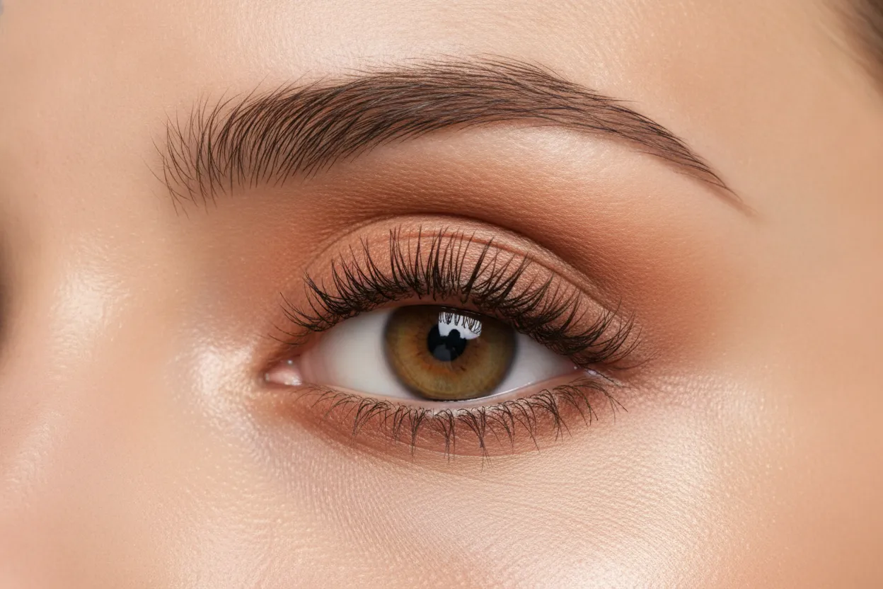 Brown eyeliner and lifted mascara on soft spring eyes