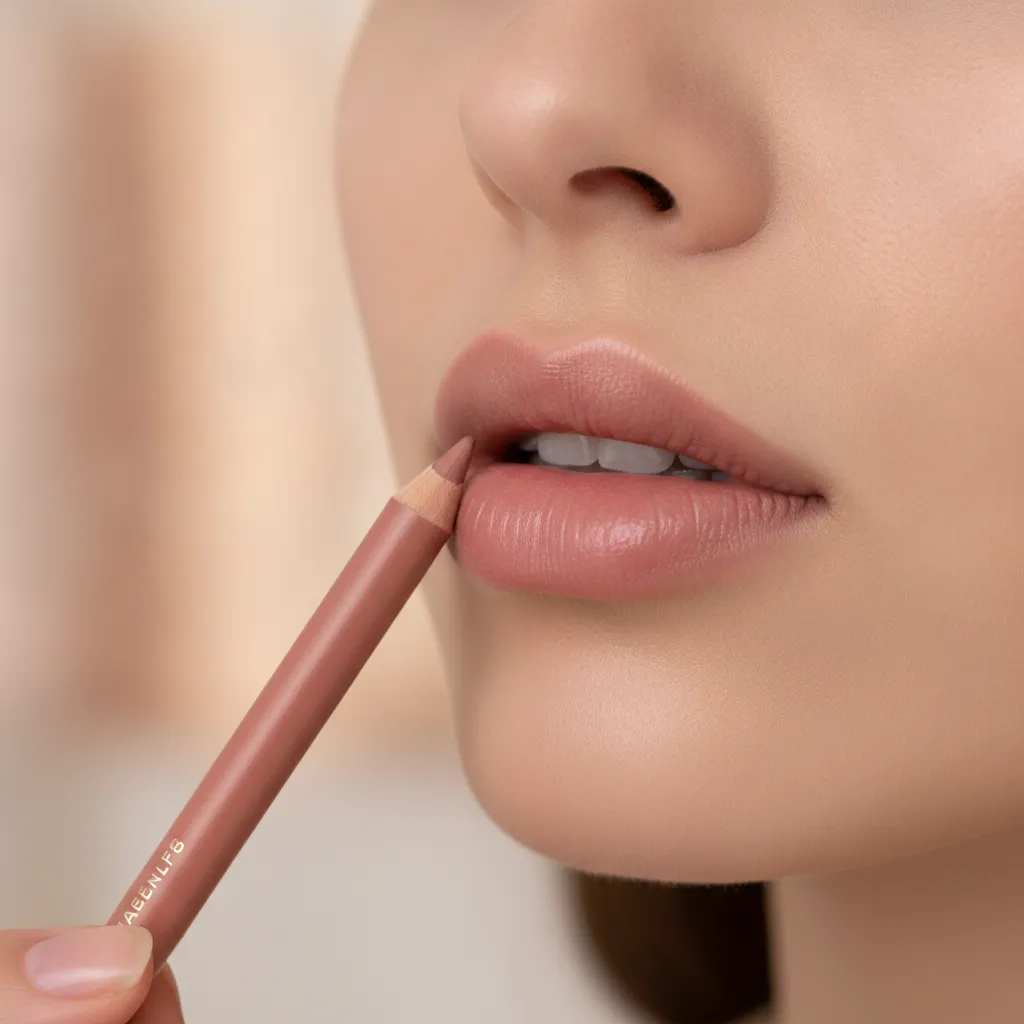 Rosy nude lip liner applied along the natural lip line